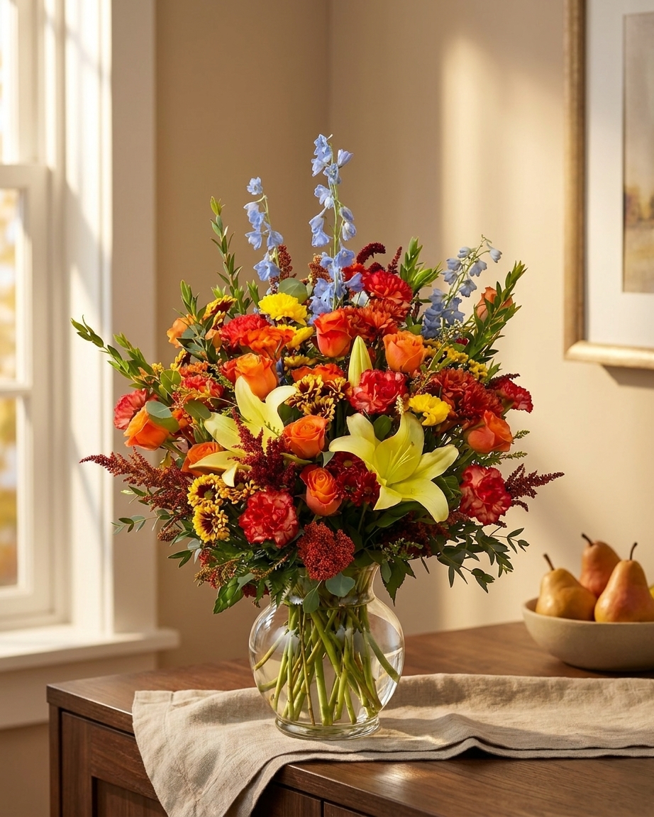 Tall autumn arrangement with orange roses, red carnations, yellow lilies and blue delphinium in a glass vase on a wooden sideboard