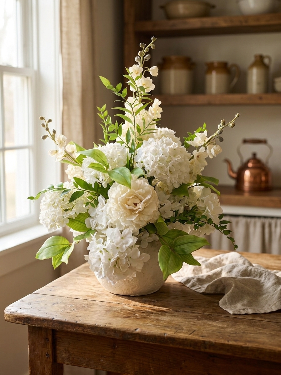 White hydrangea and peony arrangement in a cream vase on a wooden kitchen table
