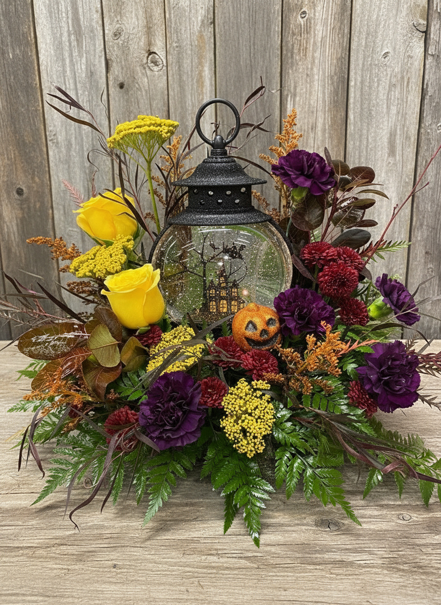Fall and Halloween centerpiece with a black lantern, yellow roses, purple carnations and autumn foliage