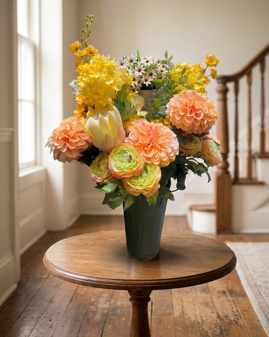 Peach dahlias, yellow stock and a pale protea in a green vase on a wooden table in a bright entry hall