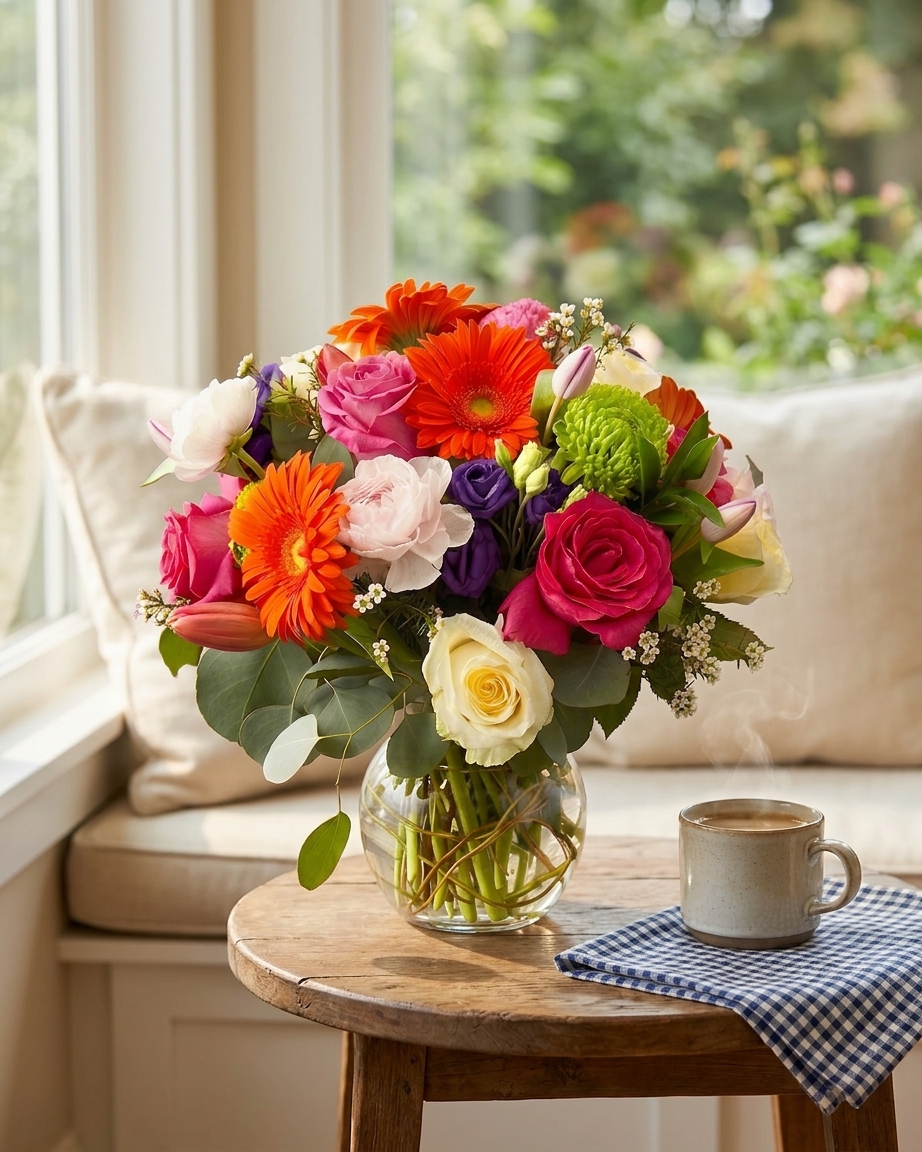 Bright mixed bouquet with orange gerbera, pink roses and a green mum in a glass vase on a wooden breakfast table by a window