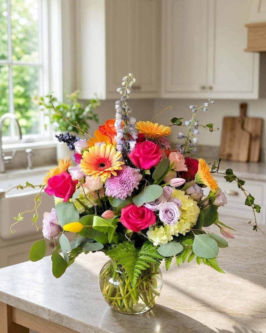 Pink roses, orange gerbera, lavender and yellow blooms with eucalyptus in a glass vase on a kitchen counter