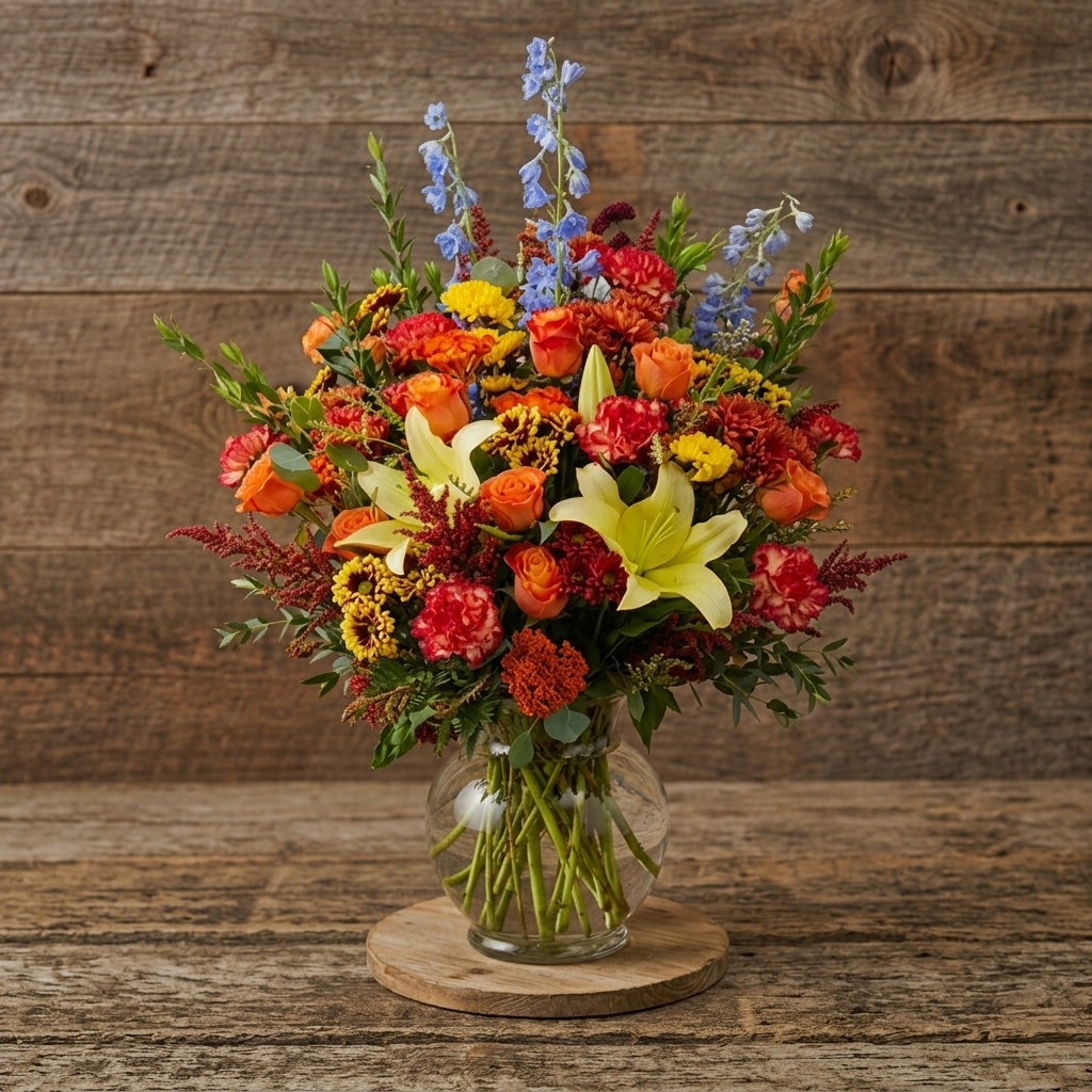 Colorful autumn bouquet with lilies, roses, delphinium and fall foliage in a glass vase